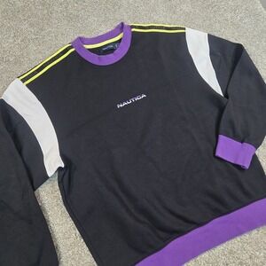 Nautica Competition Color Block Black Purple Mens Large Logo Sweatshirt
